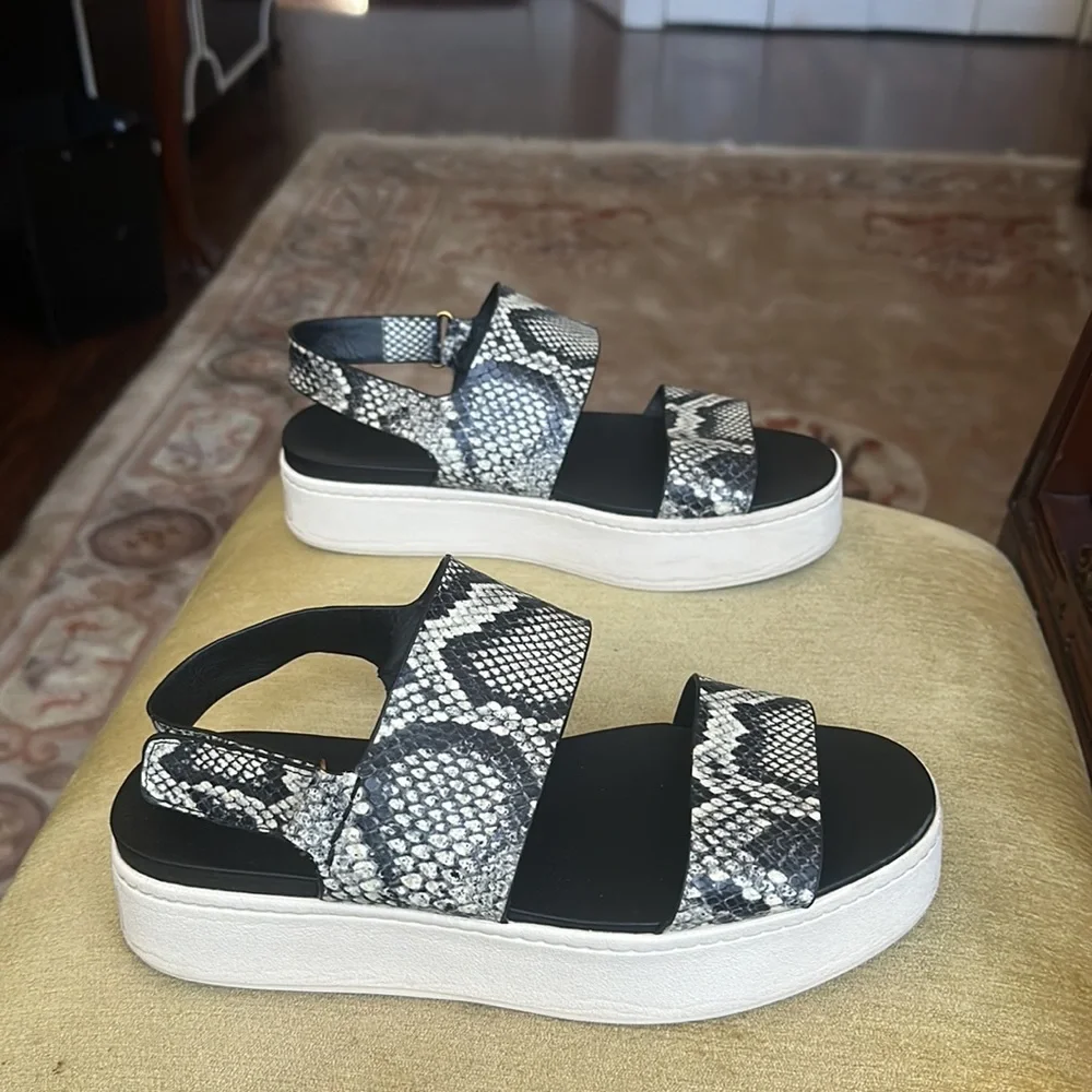VINCE. Womens Black Snake Platform Comfort Wedge Leather Slingback Sandals 8.5